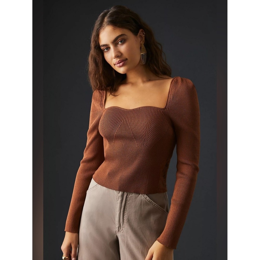 Callahan Knitwear Brown Sweetheart Lace Ribbed Crop Top Size L